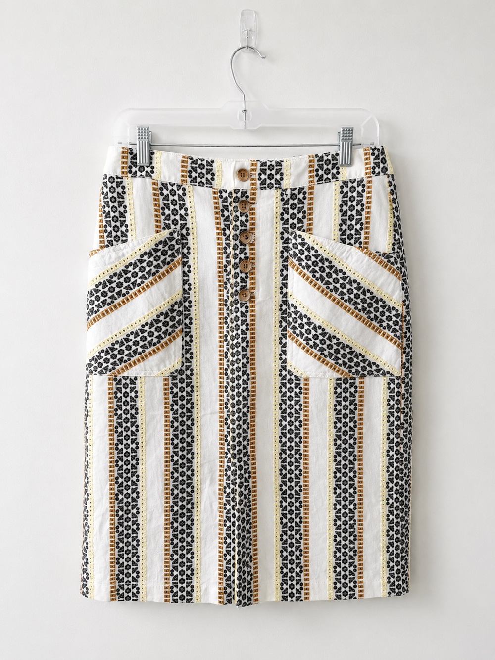 Anthropologie Striped Button-Front Pencil Skirt in White, Black and Gold